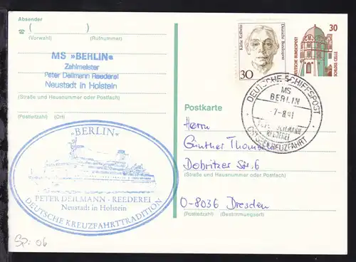 DEUTSCHE SCHIFFSPOST MS BERLIN PETER DEILMANN REEDEREI OSTSEEKREUZFAHRT 7.8.91
