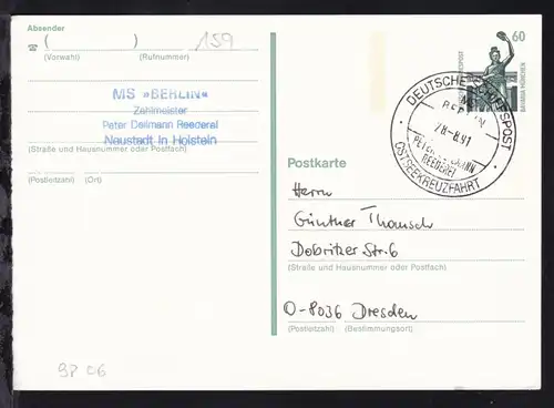 DEUTSCHE SCHIFFSPOST MS BERLIN PETER DEILMANN REEDEREI OSTSEEKREUZFAHRT 28.8.91