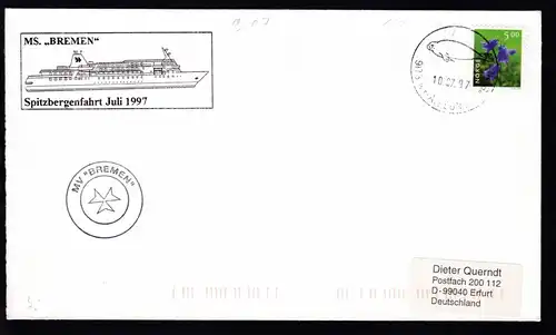 OSt. Alesund 10.07.97+ Cachet MS Bremen Spitzbergenfahrt auf Brief (Langformat)