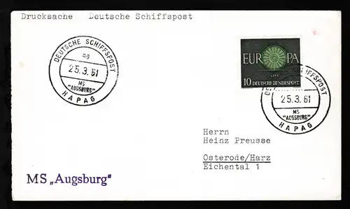 DEUTSCHE SCHIFFSPOST ag MS "AUGSBURG" HAPAG 25.3.61 + L1 MS "Augsburg" auf Brief