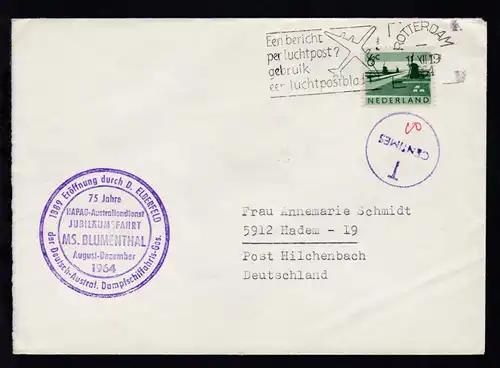 OSt. Rotterdam  11.XII.1964 + Cachet Jubiläumsfahrt MS Blumenthal auf Brief