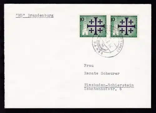 DEUTSCHE SCHIFFSPOST aa MS "BRANDENBURG" HAPAG 14.2.62 auf Brief
