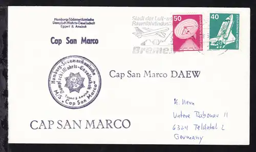 OSt. Bremen 28.5.80 + Cachet MS Cap San Marco auf Brief