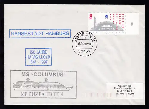 OSt. Hamburg 19.06.97 + R1 HANSESTADT HAMBURG + R3 150 JAHRE HAPAG-LLOYD 