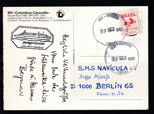 OSt. Curitiba Parana 7 DEZ 1997 + cachet Jungfernreiser MS Columbus Caravelle