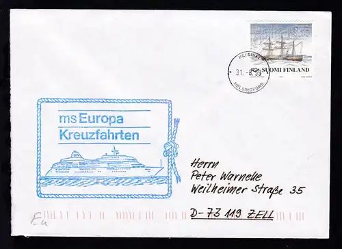 OSt. Helsinki 31.8.99 + Cachet MS Europa auf Brief