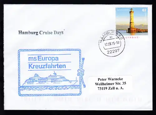 OSt. Hamburg 12.09.15 + L1 Hamburg Cruise Days + Cachet MS Europa auf Brief