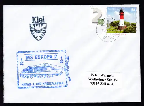 OSt. Kiel 11.6.14 + Cachet MS Europa 2 auf Brief