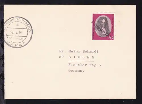 DEUTSCHE SCHIFFSPOST a MS "Hamburg" HAPAG 22.9.66 auf Postkarte