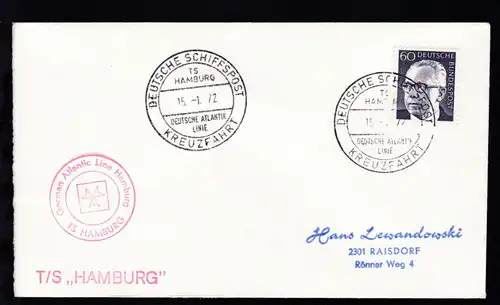DEUTSCHE SCHIFFSPOST TS HAMBURG DEUTSCHE ATLANTIK LINIE KREUZFAHRT 2.5.71 +