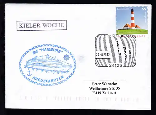 KIEL 24105 KIELER WOCHE 2012 24.6.2012 + R1 KIELER WOCHE + Cachet MS Hamburg 