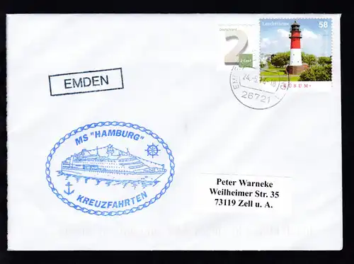 OSt. Emden 24.5.14 + R1 EMDEN + Cachet MS Hamburg auf Brief