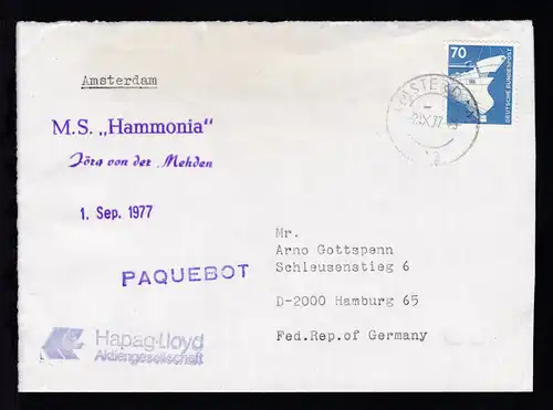 L1 PAQUEBOT + OSt. Amsterdam 2.IX.77 + L1 M.S. "Hammonia" auf Brief,
