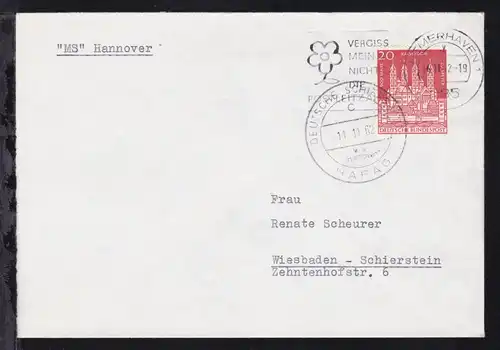 DEUTSCHE SCHIFFSPOST c MS "Hannover" HAPAG 11.11.62 auf Brief