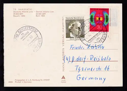DEUTSCHE SCHIFFSPOST TS HANSEATIC DEUTSCHE ATLANTIK LINIE KREUZFAHRT 30.4.70 