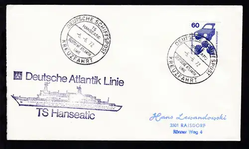 DEUTSCHE SCHIFFSPOST TS HANSEATIC DEUTSCHE ATLANTIK LINIE KREUZFAHRT 6.6.72 + 