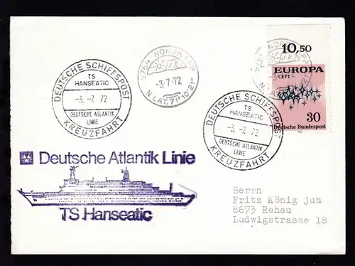 DEUTSCHE SCHIFFSPOST TS HANSEATIC DEUTSCHE ATLANTIK LINIE KREUZFAHRT 3.7.72 