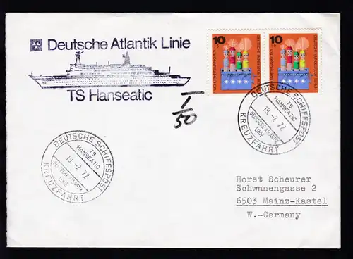 DEUTSCHE SCHIFFSPOST TS HANSEATIC DEUTSCHE ATLANTIK LINIE KREUZFAHRT 19.7.72 + 