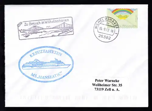 OSt. Wilhelmshaven 15.9.12 + Cachet MS Hanseatic auf Brief