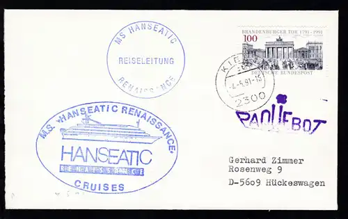 L1 PAQUEBOT + OSt. Kiel 4.5.91 + Cachet MS Hanseatic Renaissance auf Brief