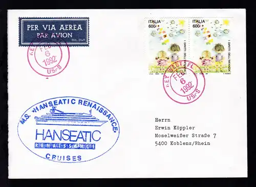 OSt. Key West FEB 6 1992 + Cachet MS Hanseatic Renaissance auf Brief