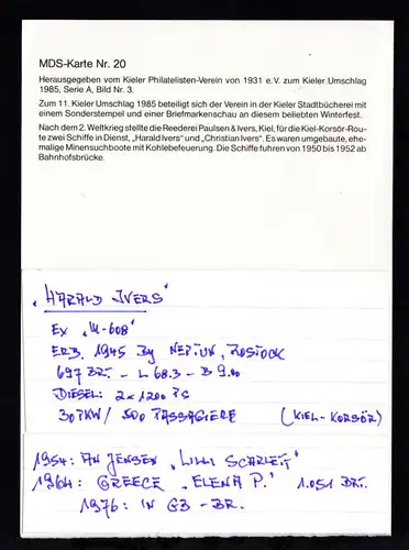 OSt. Kiel 23.2.85 auf Info-Postkarte des Kieler Philatelisten-Verein mit Bild 