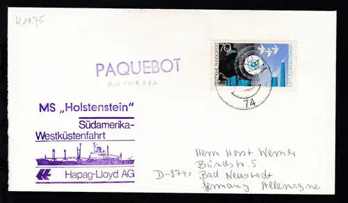 L1 PAQUEBOT + OSt. Rotterdam 4.11.75 + Cachet MS Holstenstein auf Brief