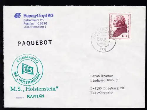 L1 PAQUEBOT + OSt. Amsterdam 15.IV.82 + Cachet MS Holstenstein auf 