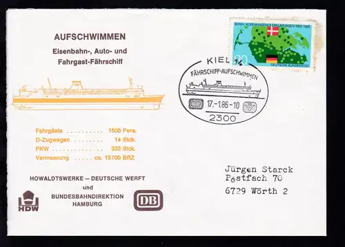 KIEL 14 2300 FÄHRSCHIFF-AUFSCHWIMMEN DB 17.1.86 auf Sonderumschlag