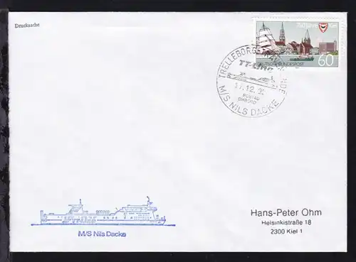 TRAVEMÜNDE-TRELLEBORG TT-Line POSTAD OMBORD M/S NILS DACKE 17.12.92 + Cachet 