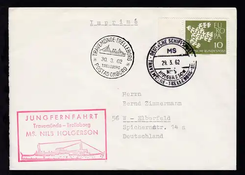 DEUTSCHE SCHIFFSPOST MS NILS HOLGERSSON TRAVEMÜNDE-TRELLEBORG-LINIE 29.3.62 + 