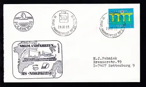 OSt. Hammerfest 29.05.85 + Cachet MS Nordbrise auf Brief 