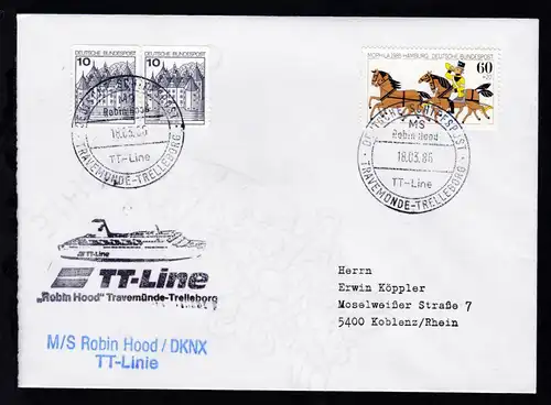 DEUTSCHE SCHIFFSPOST MS Robin Hood TT-SAGA-LINE TRAVEMÜNDE-TRELLEBORG 18.03.86 +
