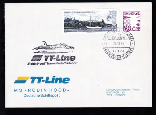 DEUTSCHE SCHIFFSPOST MS Robin Hood TT-SAGA-LINE TRAVEMÜNDE-TRELLEBORG 20.10.86 +