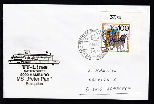 DEUTSCHE SCHIFFSPOST MS PETER PAN TT-Line TRAVEMÜNDE-TRELLEBORG 11.02.90 +