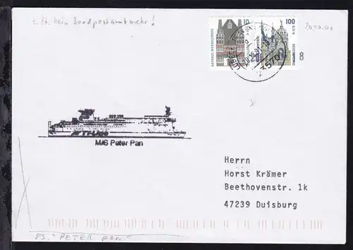 OSt. Lübeck-Travemünde 20.10.01 + Cachet MS Peter Pan auf Brief