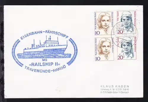 OSt. Lübeck-Travemünde 30.5.91 + Cachet MS Railship II auf Postkarte