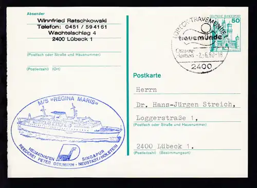 OSt. Lübeck-Travemünde 2.6.80 + Cachet MS Regina Maris auf Ganzsache