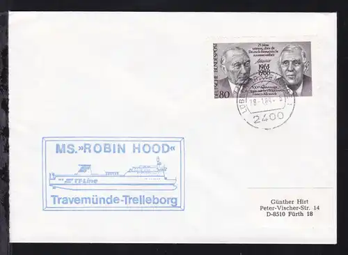 OSt. Lübeck-Travemünde 28.1.89 + Cachet MS Robin Hood auf Brief