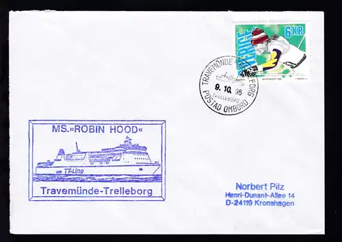 TRAVEMÜNDE-TRELLEBORG TRELLEBORG POSTAD OMBORD 9.10.95 + Cachet MS Robin Hood 