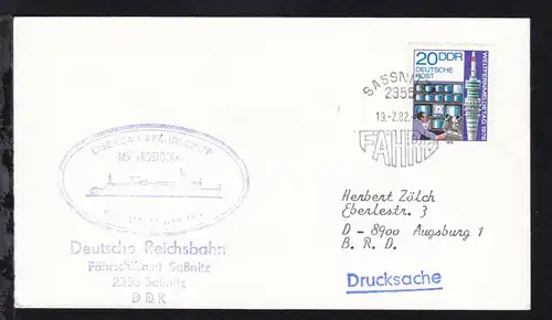 SASSNITZ 2355 FÄHRE 19.2.82 + Cachet MS Rostock auf Brief mit Absenderstempel 