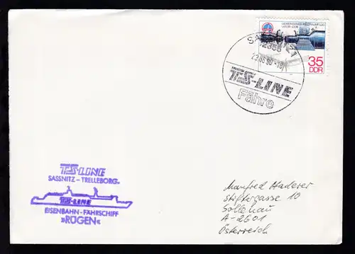 SASSNITZ 1 2355 TS-LINE Fähre 23.06.90 + Cachet MS Rügen auf Brief