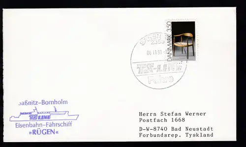SASSNITZ 1 2355 TS-LINE Fähre 06.11.91+ Cachet MS Rügen auf Brief