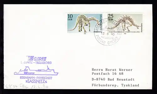 SASSNITZ-TRELLEBORG TRELLEBORG POSTAD OMBORD 12.6.90 + Cachet MS Sassnitz