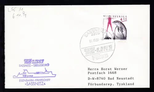 SASSNITZ 1 2355 TS-LINE Fähre 06.11.91 + Cachet MS Sassnitz auf Brief