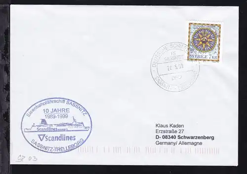 DEUTSCHE SCHIFFSPOST FS SASSNITZ DFO SASSNITZ-TRELLEBORG 27.5.99 + Cachet 