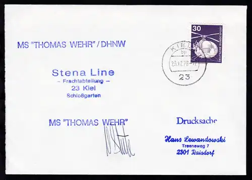 OSt. Kiel 23.12.78 + Cachets MS Thomas Wehr auf Brief