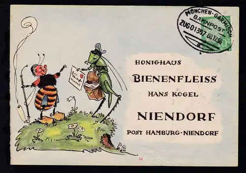 MÜNCHEN-GARMISCH BAHNPOST a ZUG 01357 08.12.56 auf Firmenantwort-Postkarte 