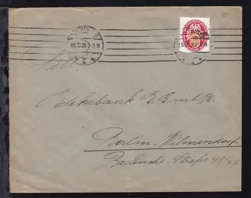 Nothilfe 1926 Wappen 10 + 10 Pfg. auf Brief (rs Absenderdruck Johs. Uckermann 