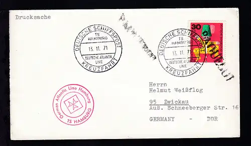 DEUTSCHE SCHIFFSPOST TS HAMBURG DEUTSCHE ATLANTIK LINIE KREUZFAHRT 13.11.71 + 